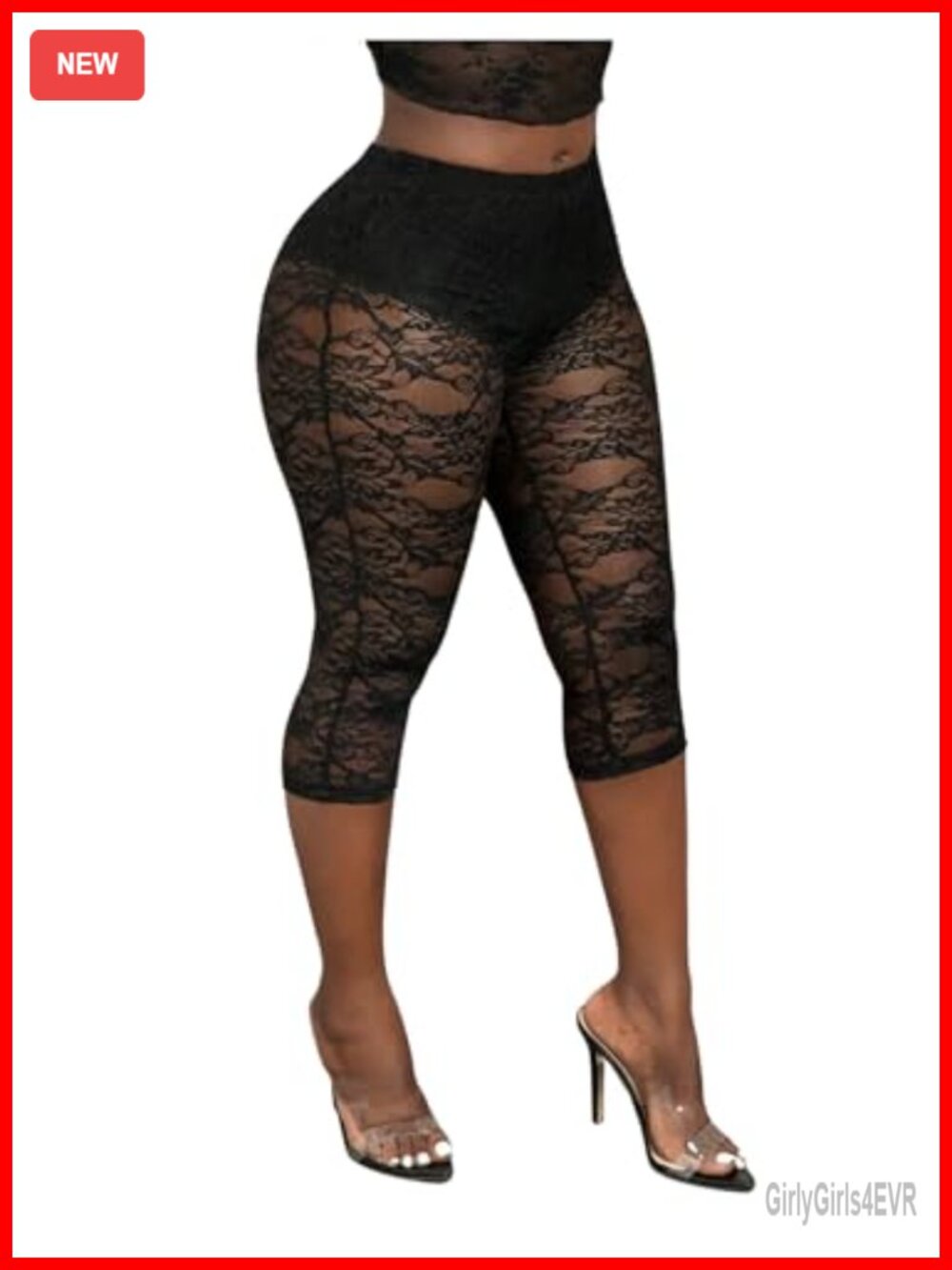 Lace Capri Leggings High Waist See Through Cropped Pants Skinny 3/4 Length